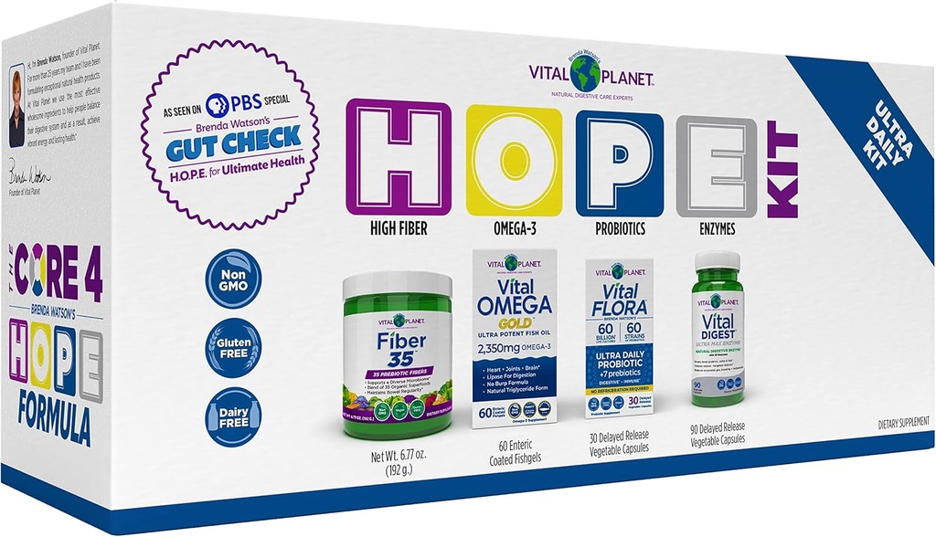 Vital Planet - Gut Check Hope Formula Kit by Brenda Watson - 4 tootepakett Ultra Daily Probiootikum 30 Cap, Fiber 35 Powder 6,7oz, Vital Omega Oil 60 Softgels ja Seedeensüüm 90 Cap