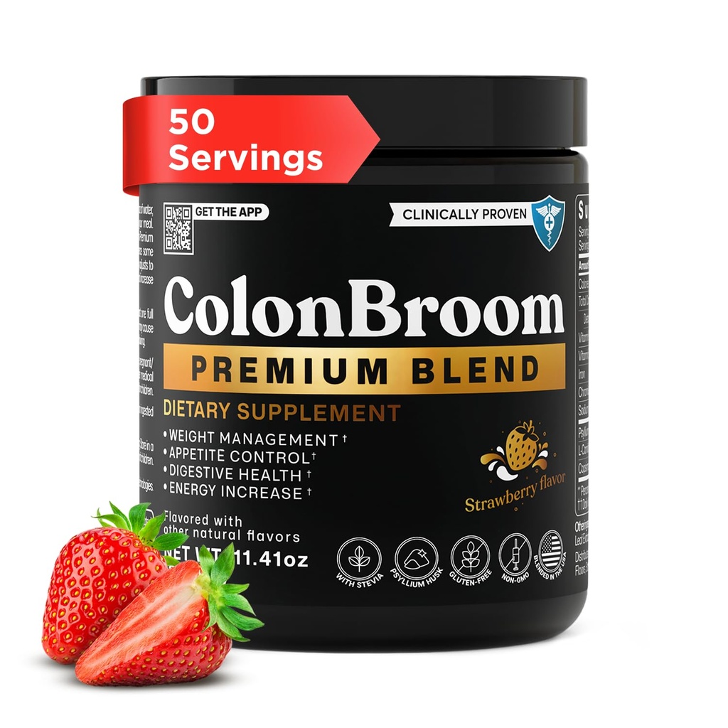 ColonBroom Premium Powder Supplement (Maasikas) - Colon Broom Psyllium Husk Fiber Powder Drink - Gluteenivaba, Non-GMO Colon Cleanse puhumiseks Abi ja Soolestiku Tervis, 50 Servings