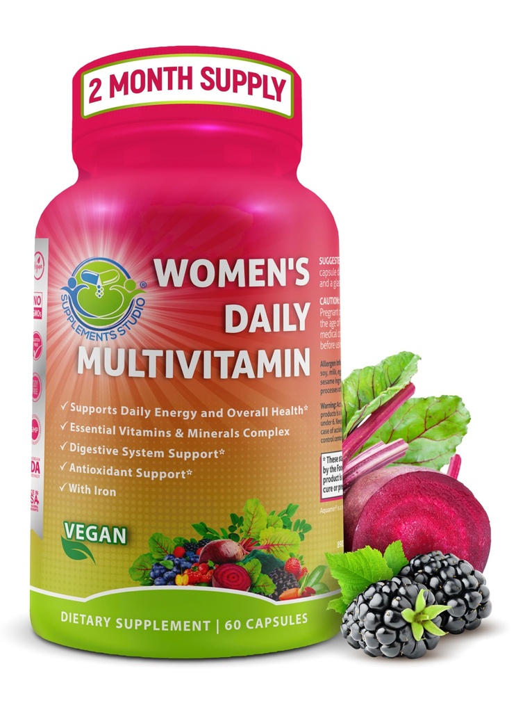 Naiste igapäevane multivitamiin rauaga - Vegan Metüülitud multivitamiin naistele, kellel on biotiin, orgaanilised supertoidud, probiootikumid, B-kompleks - energia, soolestiku ja optimaalse tervise toetamine - lihtne neelata kapslid