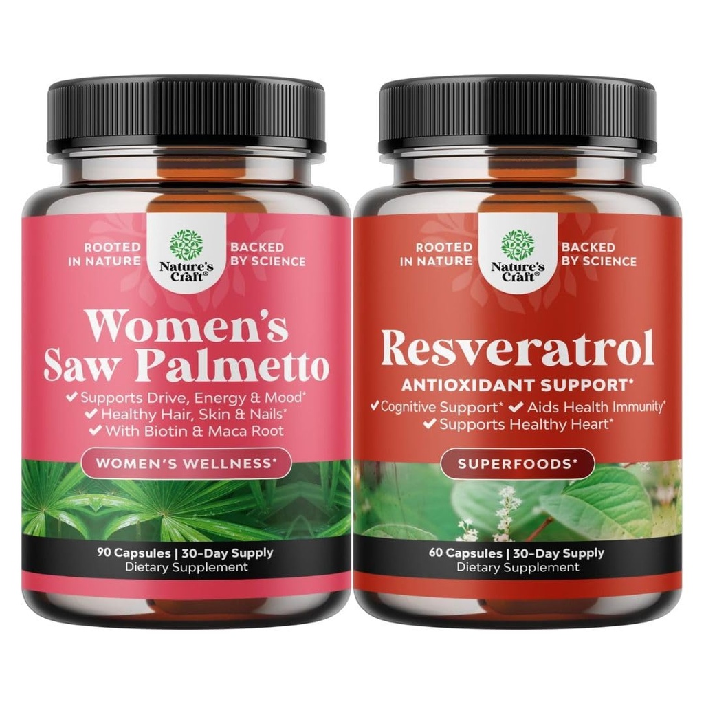 Bundle naiste Saw Palmetto ja Resveratrol Supplement - Saw Palmetto ekstrakt kapslid Maca Juur & Biotin juuste väljalangemine ja AMPK Metaboolne aktiveerija Metabolism Boost & Cellular Efficiency