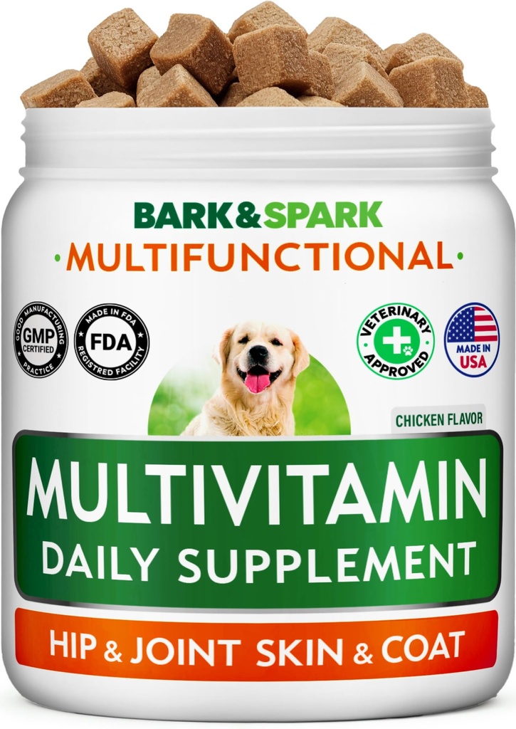 BARK & SPARK Koera vitamiinid ja toidulisandid - Multivitamiini närimisravi koertele - Glükosamiini kondroitiin ühiseks toetuseks + Omega nahale ja kate + probiootikumid - Multivitamiin lemmikloomade tervisele - 120Ct
