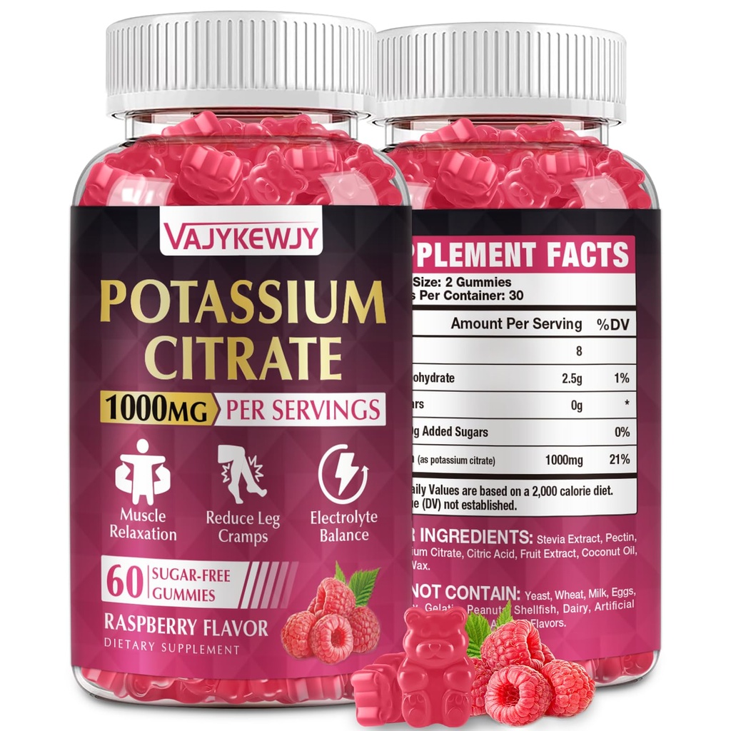Kaaliumtsitraatkummid, kõrge kaaliumilisand (1000mg), toetab jalgade krampe ja lihaste tervist, sobib täiskasvanutele ja lastele, vegan, mitte-GMO, 60-Count