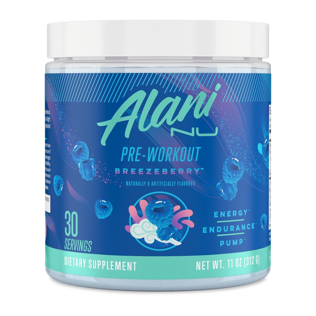 Alani Nu Pre Workout Powder BREEZEBERRY, Amino Energy Boost, Kestvuslisand, Suhkruvaba, 200mg Kofeiin, L-Theanine, Beeta-alaniin, L-tsitrulliin, 30 Servingut
