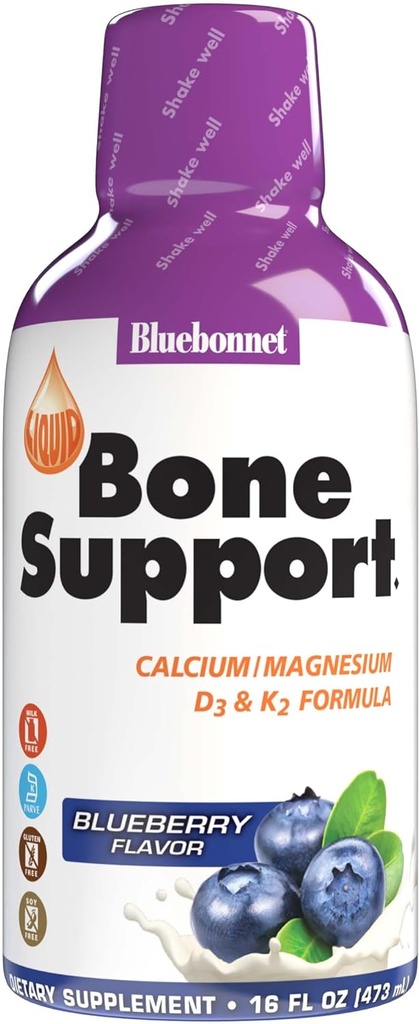 Bluebonnet Nutrition Vedel luude tugi Kaltsiumtsitraat, magneesiumtsitraat, vitamiin D3, K2, luude tervise jaoks, mitte GMO, gluteenivaba, sojavaba, piimavaba, kosher, 32 Servingut, mustikamaitse, 16 Fl Oz (pakk 1)