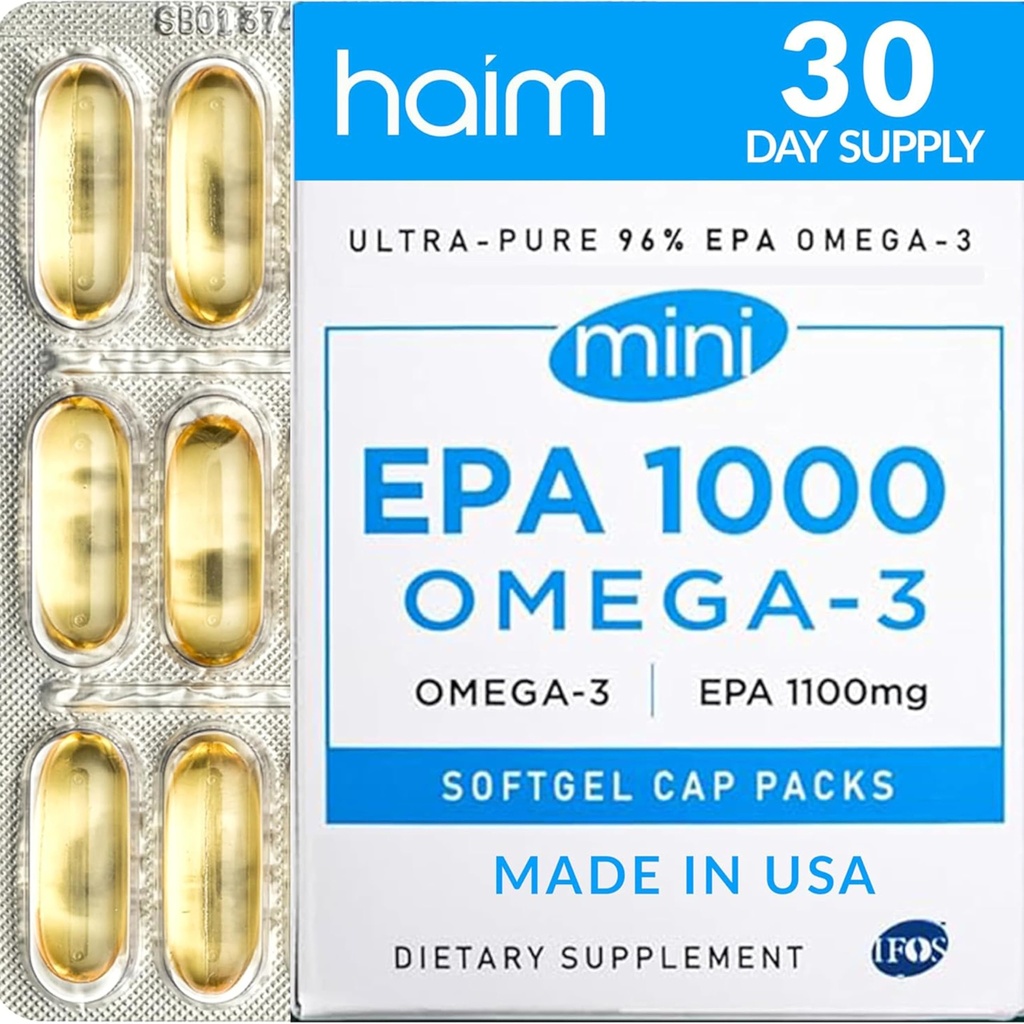 HAIM EPA1000 MINI - puhas EPA kalaõli lisand - 1100 mg oomega-3 südame, aju ja liigeste tervise jaoks - kõrge potentsi, habemetu softgels - väikesed, kergesti neelatavad kapslid - 60 Softgels - valmistatud USA-s