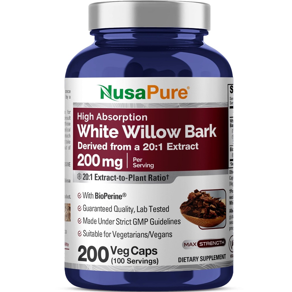 NusaPure White Willow Bark 20: 1 Extract, 200 mg Equivalent to 4000mg, 200 Veggie Capsules, Max Strength, (Non-GMO, Vegan)