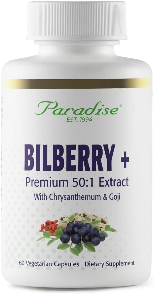 Paradise maitsetaimed Bilberry Goji & Chrysanthemum Supplements, Super Potent, Ultra Pure, Non-GMO, Gluteenivaba, Vegan, 60 Taimekapslit