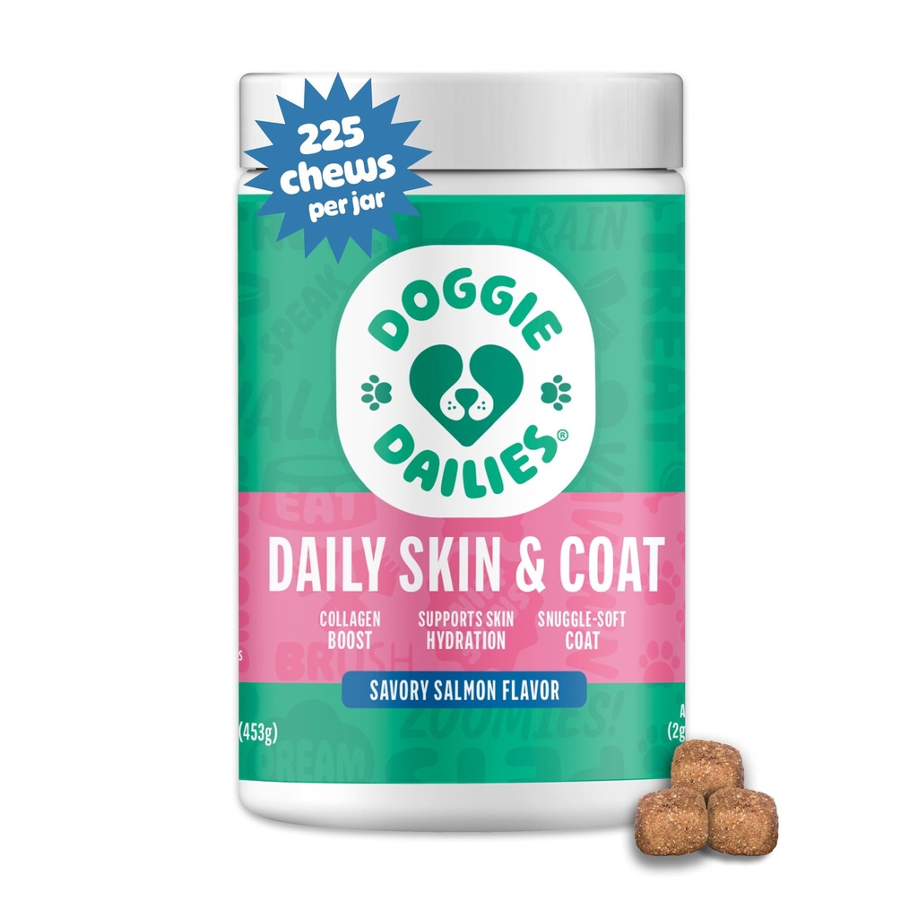 Doggie Dailies Naha ja Coat Supplement Support, Lõheõli Koertele Naha ja Coat kollageeni, Omega 3, Krill Oil, Biotin & Kookosõli Koertele (Salmon) 225 Pehmed närid