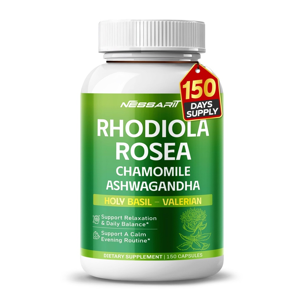 RHODIOLA ROSEA täiendus - 11-in-1 looduslik segu kummel L-Theanine Ashwagandha Püha basiilik Valerian Passionflower - 150 Count - valmistatud ja testitud USA-s