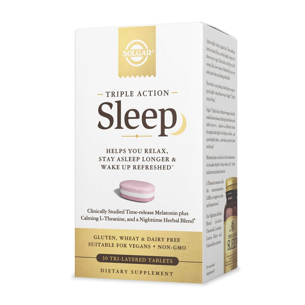 Solgar Triple Action Sleep, 30 Tri-Layer Tablets - Time-Release Melatoniin & L-Theanine Plus Taimne segu - aitab teil lõõgastuda, langeda kiiresti ja jääda kauem magama - mitte-GMO, gluteenivaba - 30 Servings
