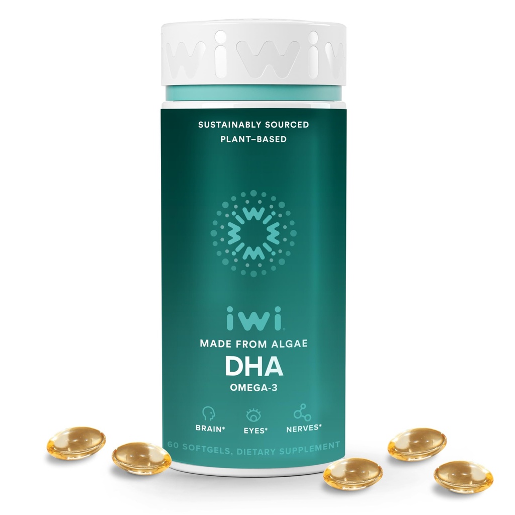 Iwi DHA Omega-3, 60 Softgels (30 Servings), Taimepõhised vetikad Omega 3, Aju, Silmad Ja Närvisüsteemi Toetus Dietary Supplement, Krill & Fish Oil Alternatiivne, No Fishy Järelmaitse