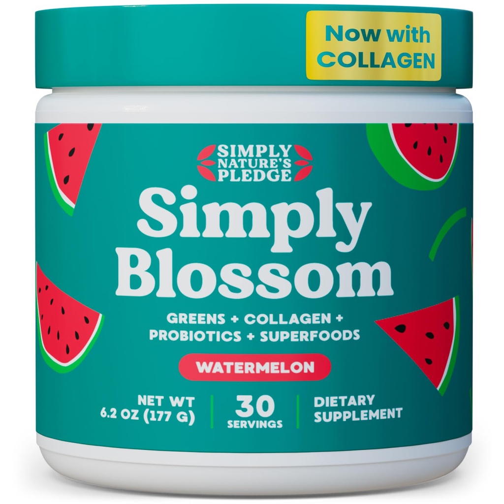 Lihtsalt Blossom Nutrition Daily Greens & Superfood Powder + kollageen + probiootikumid naiste seedetrakti tervise ja puhituse leevendamiseks. Aidake oma tervist õitseda - 30 päeva pakkumine - arbuus