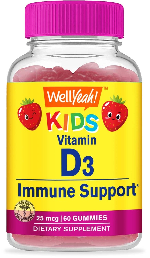 Well yeah Kids D3-vitamiini kummid - 1000 IU (25 mcg) - toetab luu tugevust ja immuunsust - mitte-GMO, gluteenivaba - maasikamaitse - toitumisalane täiendus - 60 serveerimist