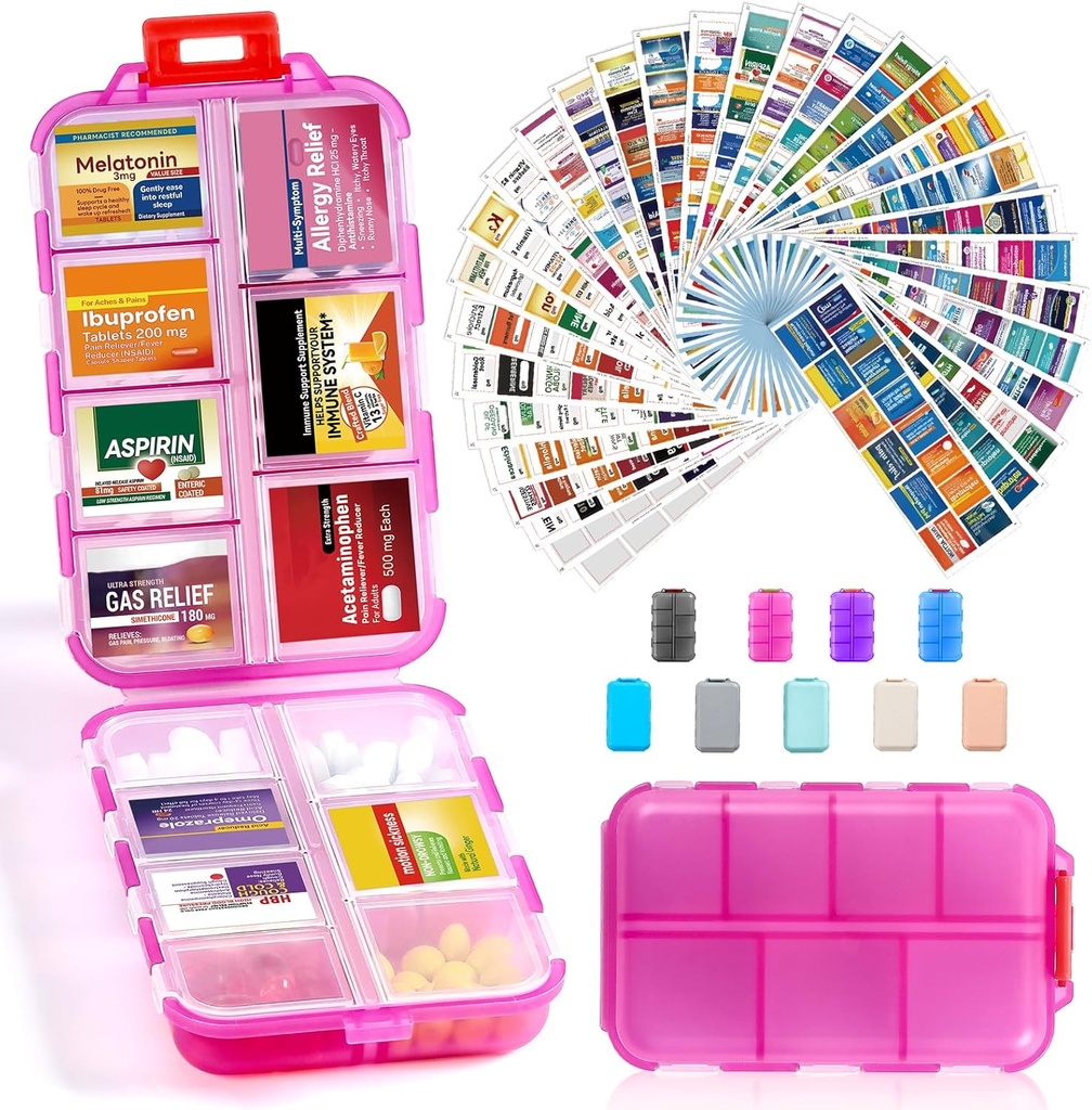 14 Grids Travel Pill Korraldaja Karp 415-Pcs Ravimi nimesildid - Tasku Daily Pharmacy Case Container Kit - Reisiravimite hoidja Fish Oil Vitamin Supplement Storage - Puhas Pink