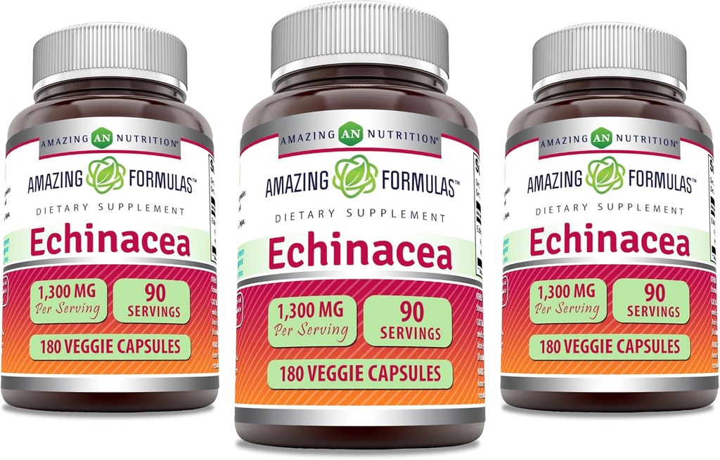 Amazing Formulas Echinacea | 1300 Mg | Veggie kapslid Supplement | Non-GMO | Gluteenivaba | Valmistatud USAs (3 Pack | 180 Count)