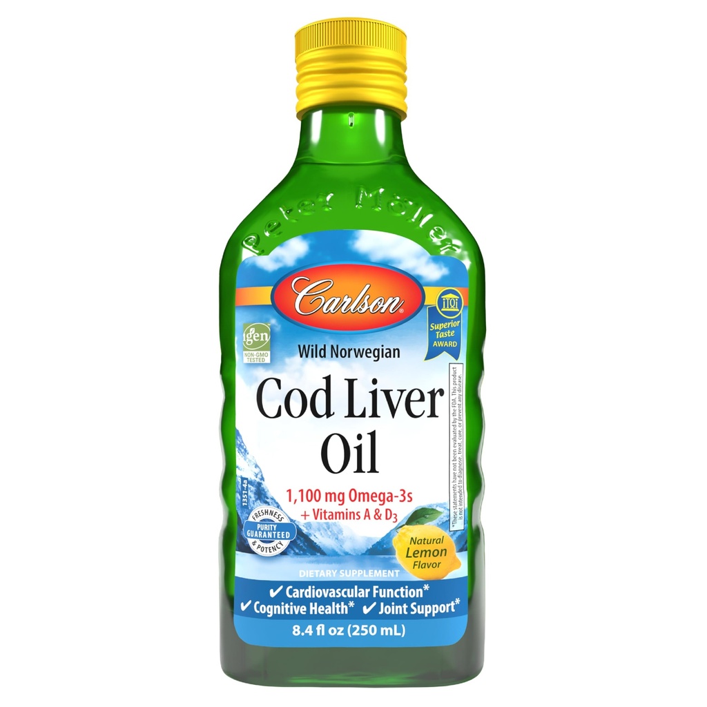 Carlson - tursamaksaõli, 1100 mg oomega-3-sid, vedel kalaõli lisand, metsikult püütud Norra Arktika, jätkusuutlikult hangitud Põhjamaade vedelik, sidrun, 250 ml