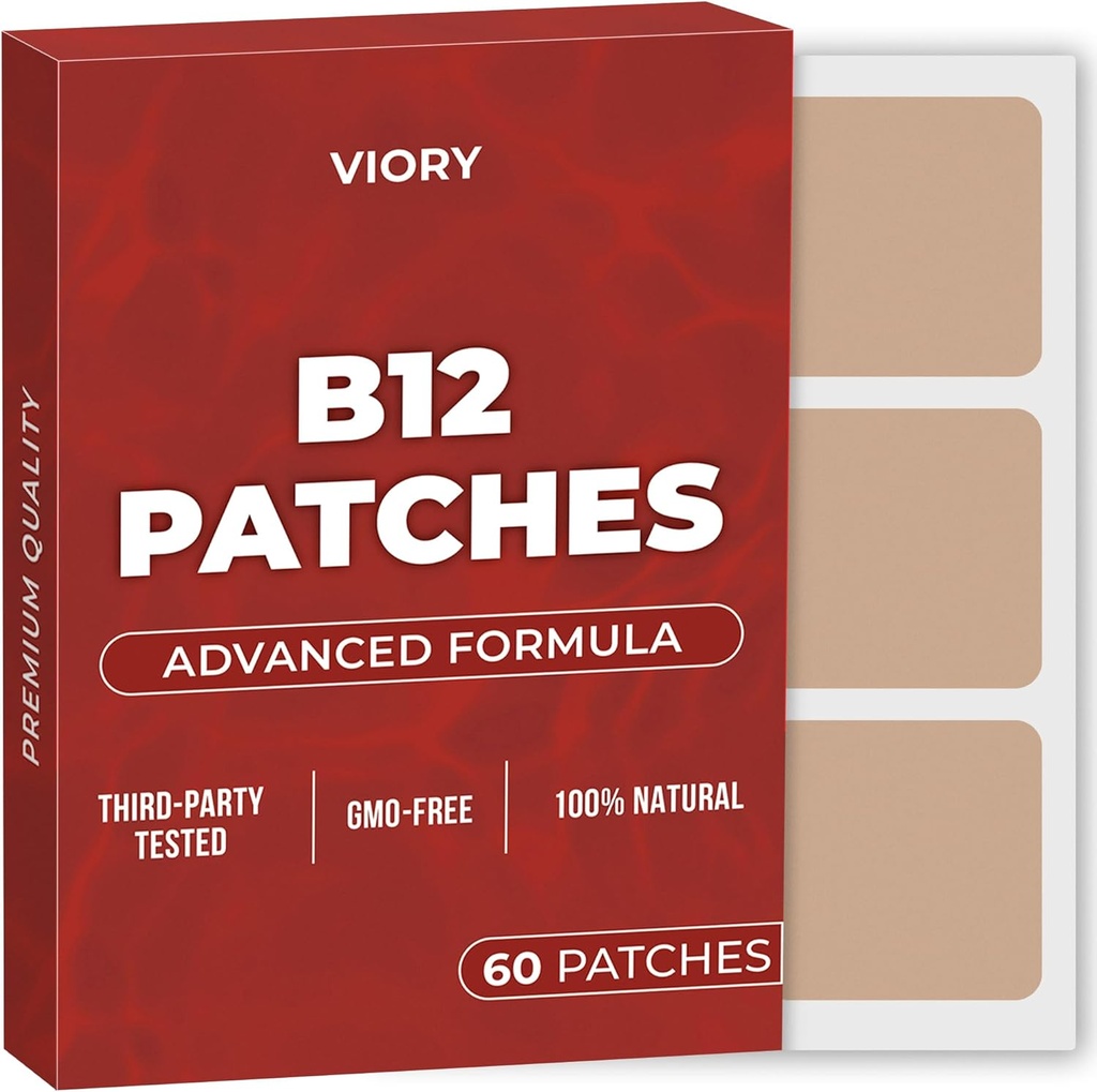 VIORY B12 Patches (pakk 60) - 100% looduslik plaaster naistele ja meestele - kindel, energia, fookus ja keha toetus - täiustatud valem
