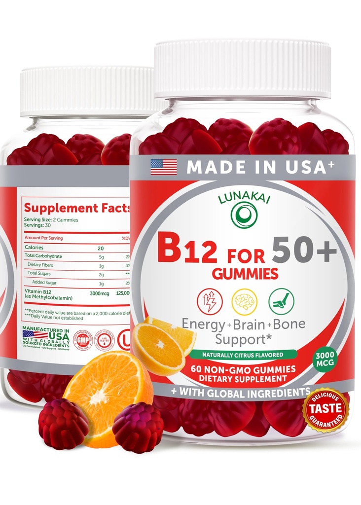 Lunakai USA Valmistatud Vitamiin B12 Gummies täiskasvanutele 50+, Non-GMO B12 Energy & Vitality Boost, Delicious Orange Maitse, 60ct
