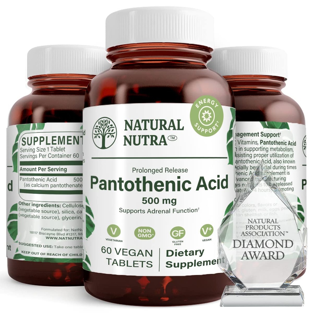 Natural Nutra aeg vabastab Pantoteenhappe 500 mg, vitamiin B5 täiendus aitab murda rasva ja süsivesikuid, ainevahetust ja energiat, parandada lihaste tervist, vähendada naha täppe, 60 taimetoitlast tabletti