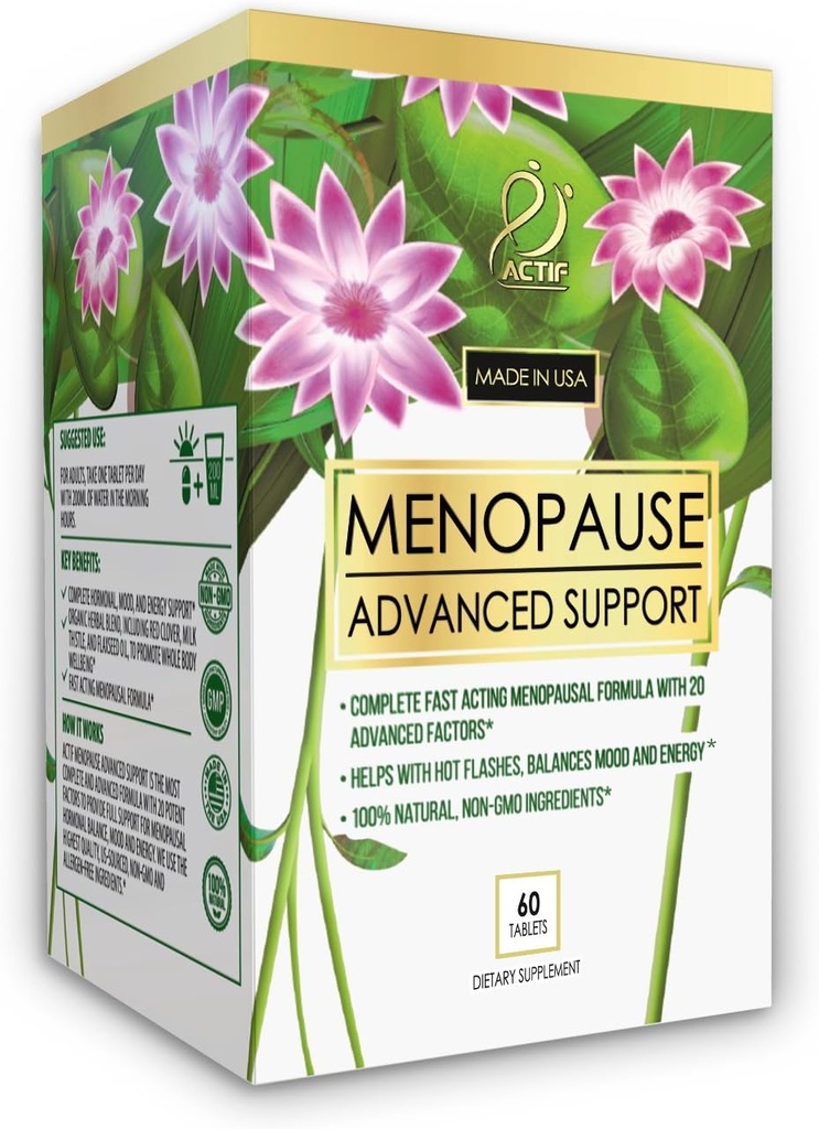 Actif Menopause Advanced Support 20+ orgaaniliste vitamiinide ja maitsetaimedega - leevendab kuuma vilkumist, öist higi - mitte GMO, kiire tegutsemine, valmistatud USAs, 60 Count