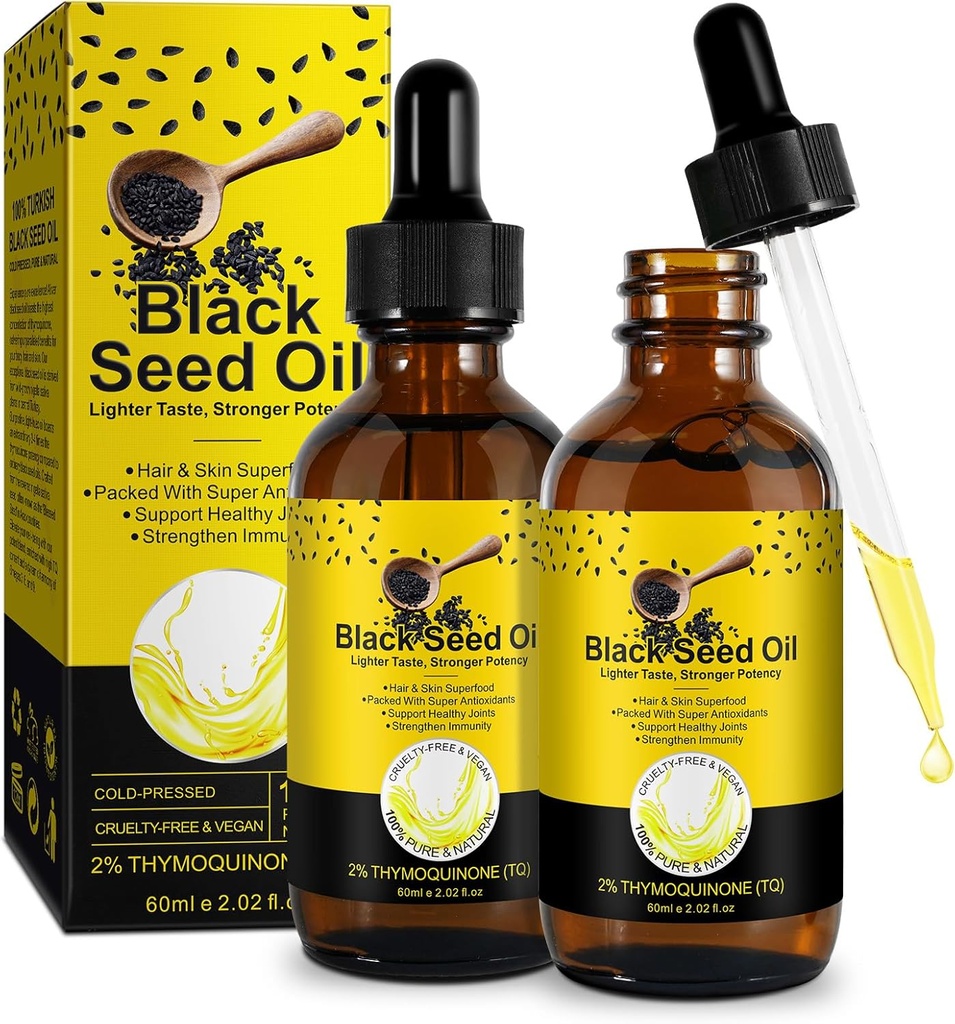 Musta seemne õli 2PACK, 100% puhas mustad seemned õli külm pressitud rafineerimata, rikas vitamiin D3, K2 & E, Black Seed Oil Supplement tilk immuunsüsteemi toetuseks, Non-GMO (2x60ml)