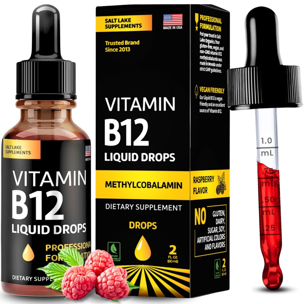 Vitamiin B12 Vedelad tilgad - Vegan B12 vitamiinid 5000 mcg Metüülkobalamiin Kiiretoimeline sublingvaalne B kompleks Vedel vitamiin B2, B3, B6 - Mitte-GMO, ei piima, soja ja suhkur, Vaarikamaitse, 2 fl. oz.
