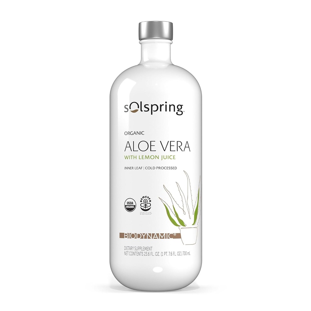 Solspring Biodynamic Organic Aloe Vera Juice with Sidrun, 23,6 Fl. Oz. (700 ml), Pastöriseerimata, sertifitseeritud USDA Organic, Regenerative, Non-GMO, Gluteenivaba, Soy Free, Dr Mercola