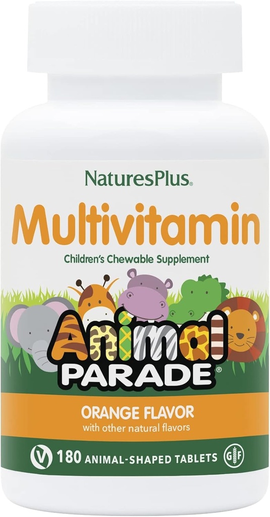 Natures Plus Animal Parade Laste näritav multivitamiin - oranž maitse - 180 loomakujulist tabletti - tervise ja heaolu edendamine - taimetoitlane, gluteenivaba - 90 serveerimist