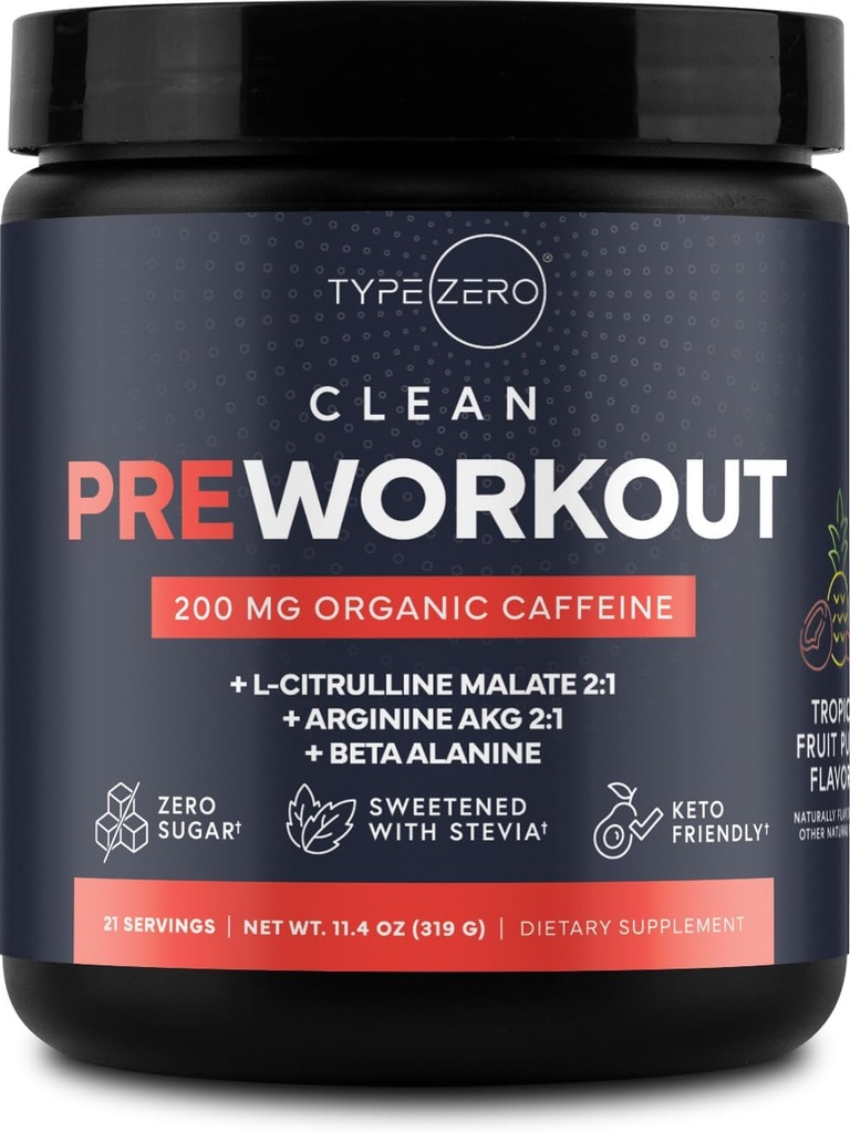 Tüüp Zero Clean Pre Workout (11,3 oz, Fruit Punch) + suhkrupeedi juur + L-arginiin + L-tsitrulliin, 2G Arginiin, L-tsitrulliinmalaat, beeta A, suhkruvaba, orgaaniline kofeiin Preworkout meestele ja naistele