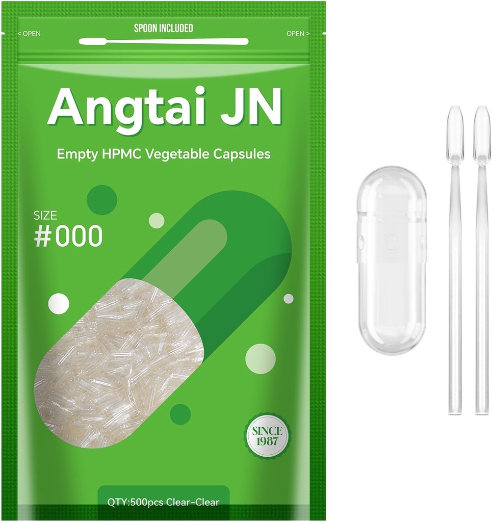 Capsules Size 000 Vegan Empty Plant Based Clear (500 Count) Gluten Free, Non-GMO, Halal Certified Pill Caps Filling Kit with 2 Spoons for Vegetarian DIY Your Own Supplements