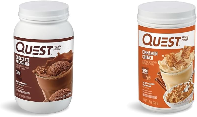 Quest Nutrition Chocolate Piimakokteilivalgu pulber, 22 g valku, 1 g suhkrut, madalat süsivesikut, gluteenivaba, 3 naela, 43 serveerimist ja kaneeli krõbeda valgu pulber, 20 g valku, 2 g Net Carb, 1 g suhkrut