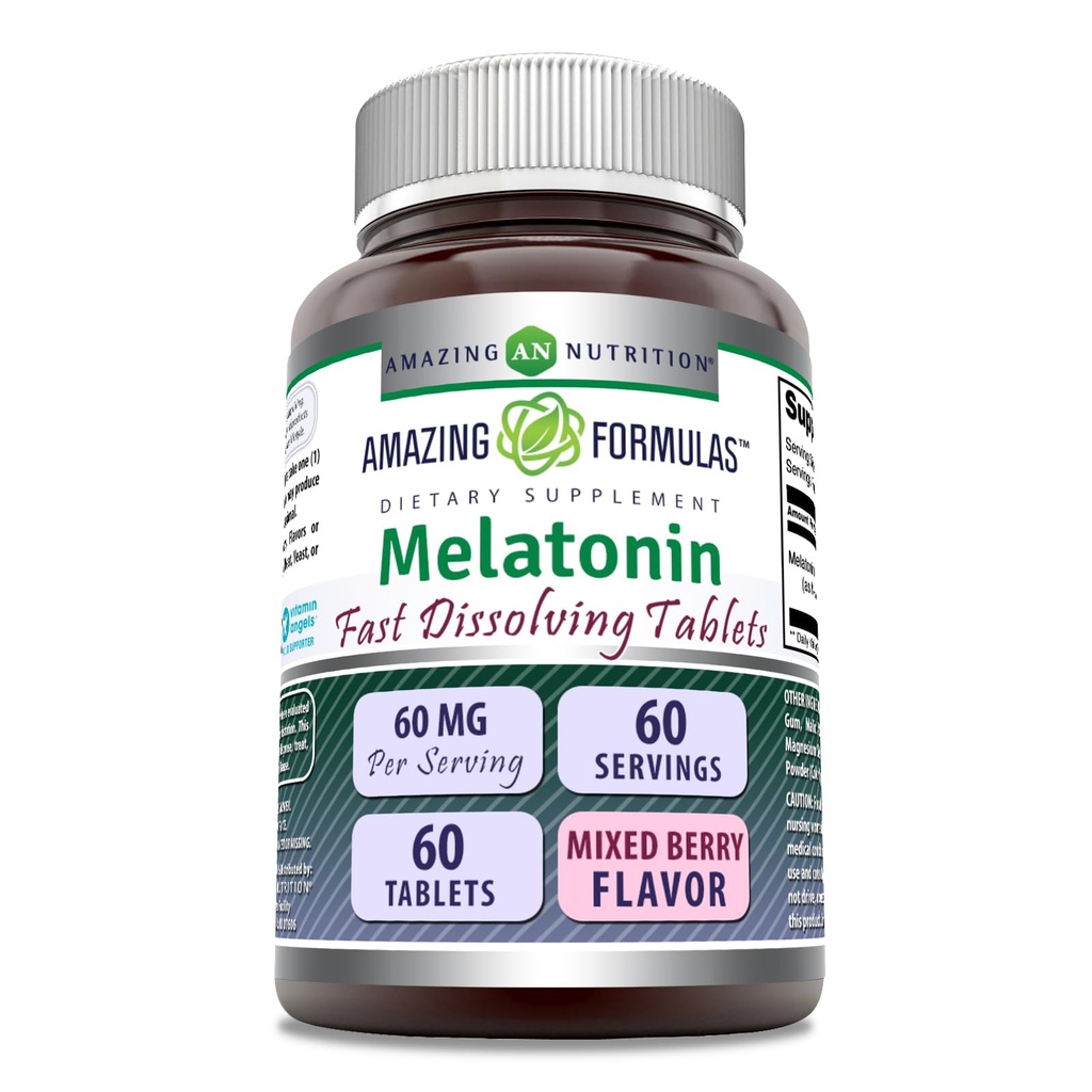 Hämmastavad valemid Melatoniini kiire lahustamise lisand | 60 mg serveerimise kohta | Segatud marjamaitse | 60 tabletti | Mitte-GMO | Gluteenivaba | Valmistatud USAs