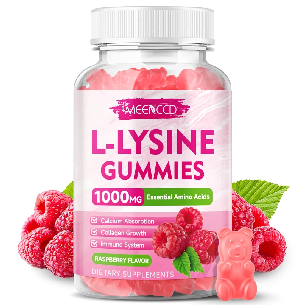 L-Lysine 1000mg Gummies, Lüsiini täiendus täiskasvanutele ja lastele, Essential Amino Acid täiendus huuled ja suuõõne tervis, Boost Immune & Kollageen & Kaltsium, Suhkruvaba, Vaarika Maitse, 60 Count
