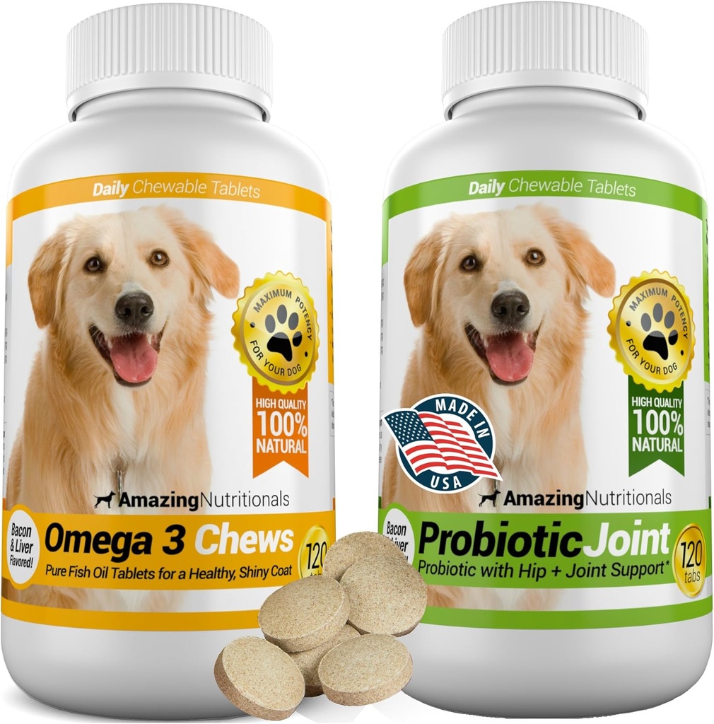 Amazing Combo Omega-3 kalaõli ja probiootikumid koertele - puhas looduslik lemmikloomade antioksüdant - soodustab läikivat karva, aju tervist, kõrvaldab kõhulahtisuse gaasi ja liigesevalu, 120 maitsvat närimist x 2