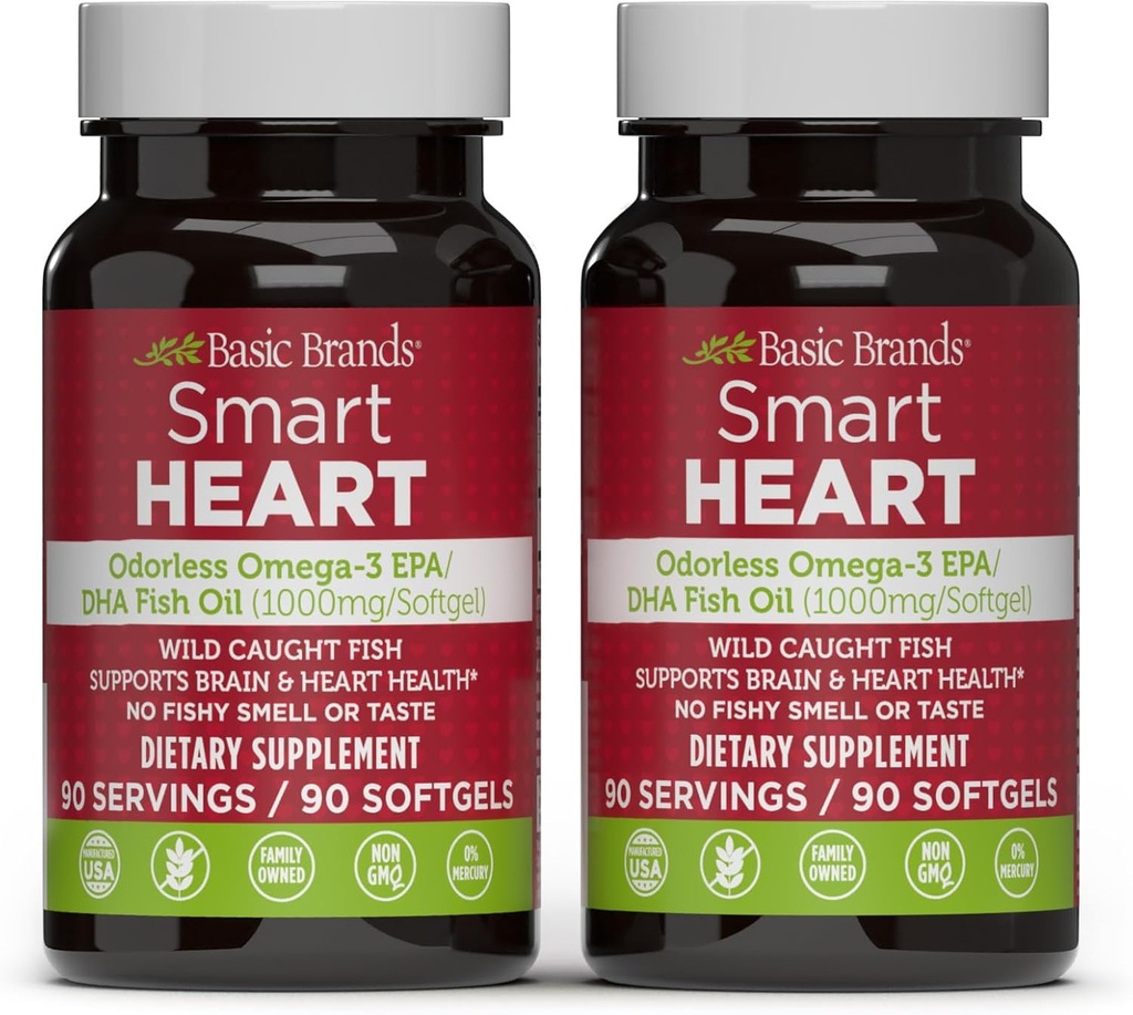 Põhibrändid Smart Heart lõhnatu Omega-3 Fish Oil 1000mg - Triple Strength EPA & DHA, Non-GMO, Heart & Cognitive Support - 90 Burpless Softgels - 2-Pack
