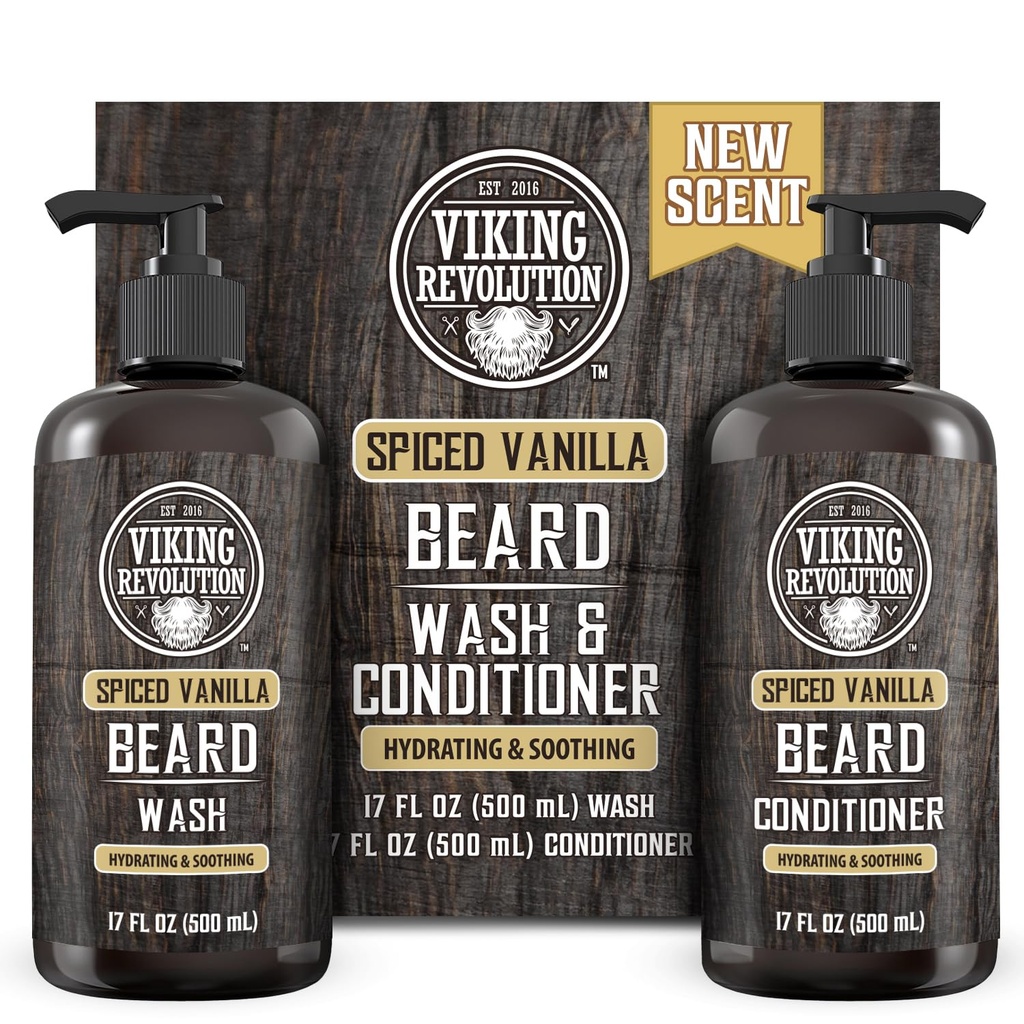Viking Revolution Beard Wash and Bear Conditioner for Men with Argan Oil and Jojoba Oil - Beard Softener and Stronger Bear Care Beard Shampoo and Conditioner with Bear Oil (17oz Spiced Vanilla)