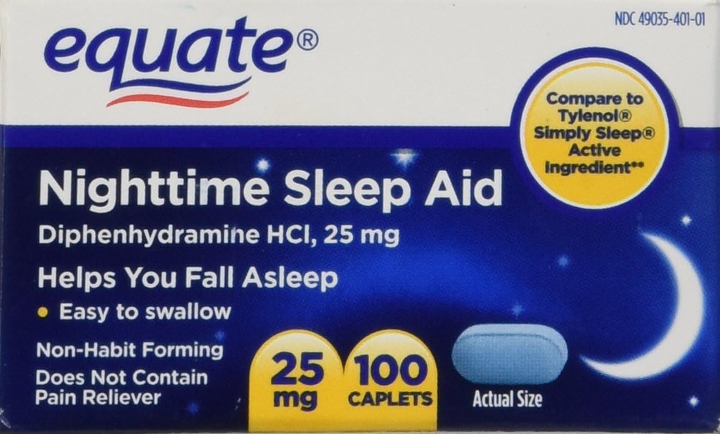 Equate Night Time Sleep Aid 25 mg, 00 Mini-Caplets, 100 Count