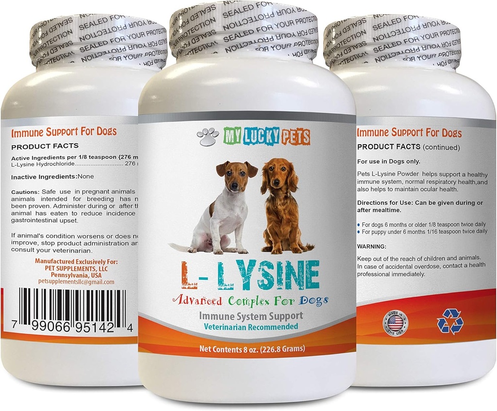 Koer Aminohappelisandid - Koer LYSINE pulber - Puhas pulbervorm - Immuunsüsteemi tugi - Vet Soovitatav - lüsiinkoerad - 1 pudel (8oz 226,8 Grams)