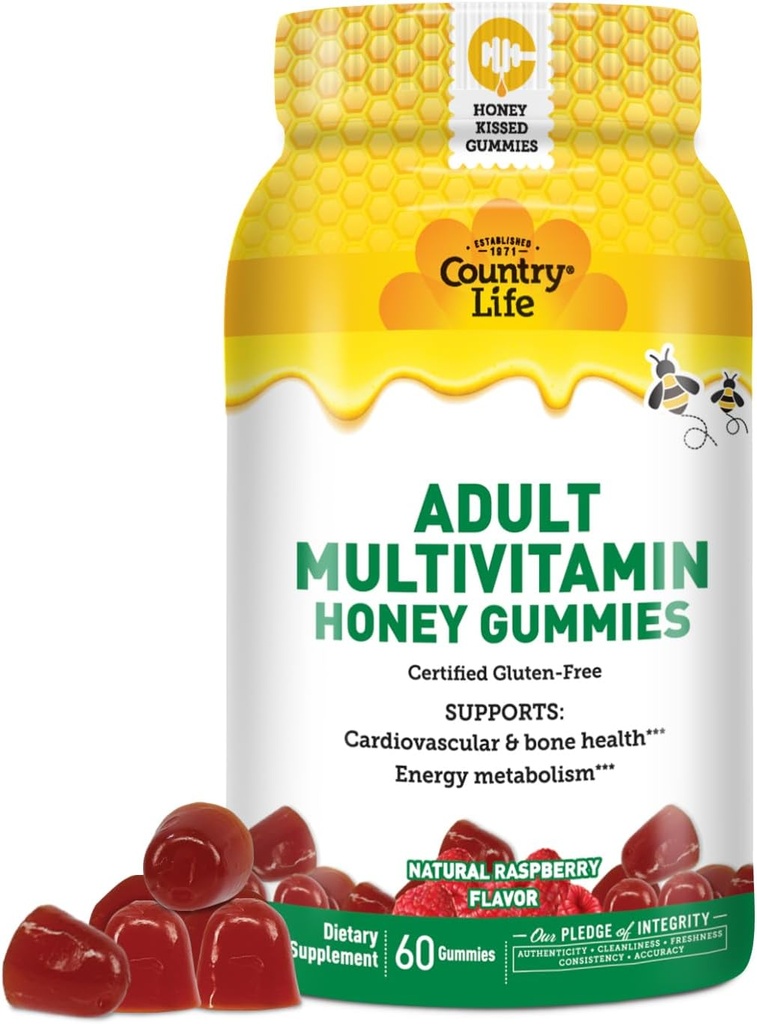 Täiskasvanud multivitamiini mesikummid - luu, südame ja energia toetus - mitte-GMO, sertifitseeritud gluteenivaba, taimetoitlane - looduslikult magustatud - 60 kummi