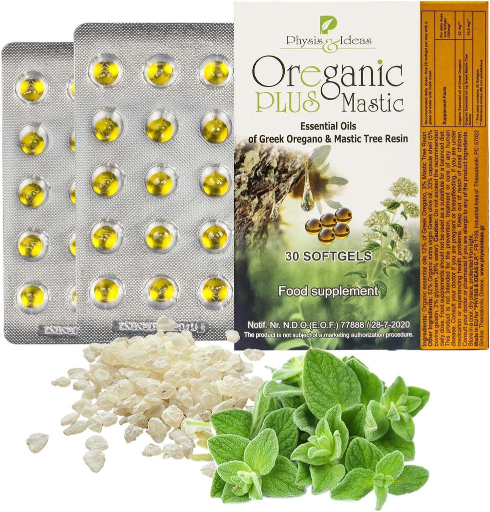 Oreganic Plus Mastic - Oregano Eeterlik õlikapslid & Chios Mastiline kummiõli - Wild Oregano õlikapslid Orgaaniline - Immuunsüsteemi tugevdaja ja soolestiku tugi - Non-GMO - 30 Count Blister