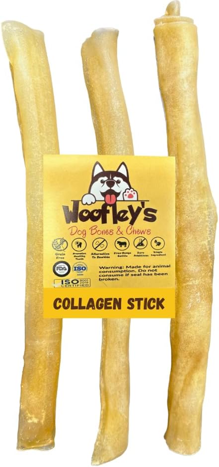 Woofley 12-tollised puhtad kollageenipulgad koertele (3 krahv) - närid keskmistele ja suurtele koertele - Bully Stick Rawhide Alternatiiv