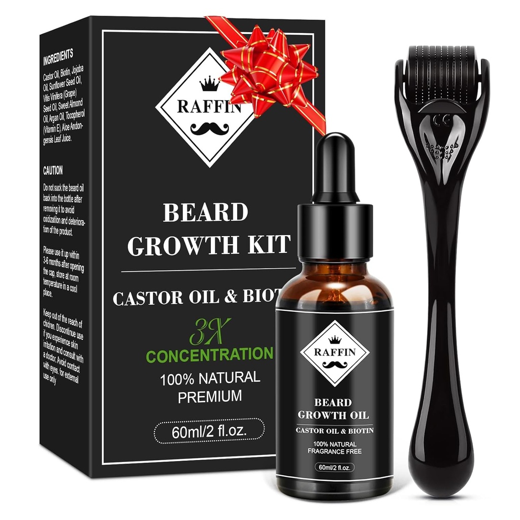RAFFIN Beard Growth Kit, Upgraded Beard Growth Oil (2Oz) w/Maximum Thickening Biotin & Castor Oil for Spot/Patchy Beard, Achieve Fuller, Thicker & Healthier Beards, Kingitused Talle Boyfriend abikaasa isa