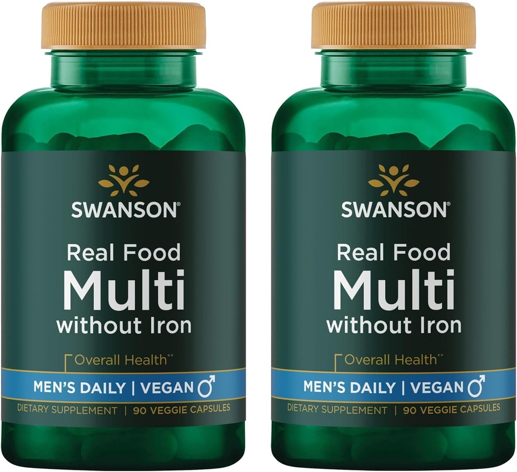 Swanson Real Food Multi Meeste multivitamiini multimineral Meeste tervis Eesnäärme stressireaktsiooni põie täiendus Vegan Gluteenivaba Mitte-GMO 90 Veggie kapslid Veg Caps (2 Pack)