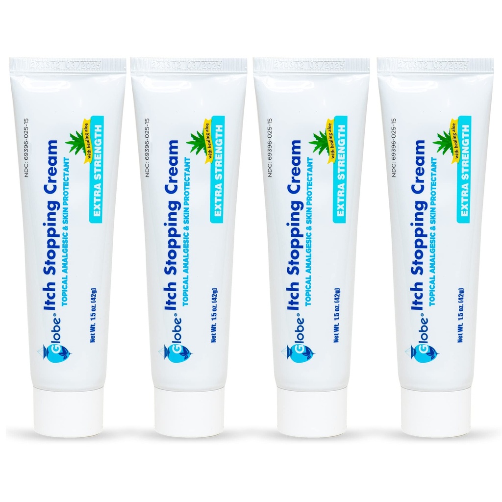 (4 Pack) Globe Extra Strength Itch Stopping Anti-Itch Cream 1,5 Oz Histamiini Blocker, Difenhüdramiin HCl Topical Analgesic & Tsink Acetate Nahakaitsevahend leevenduseks kõige välimine sügelus