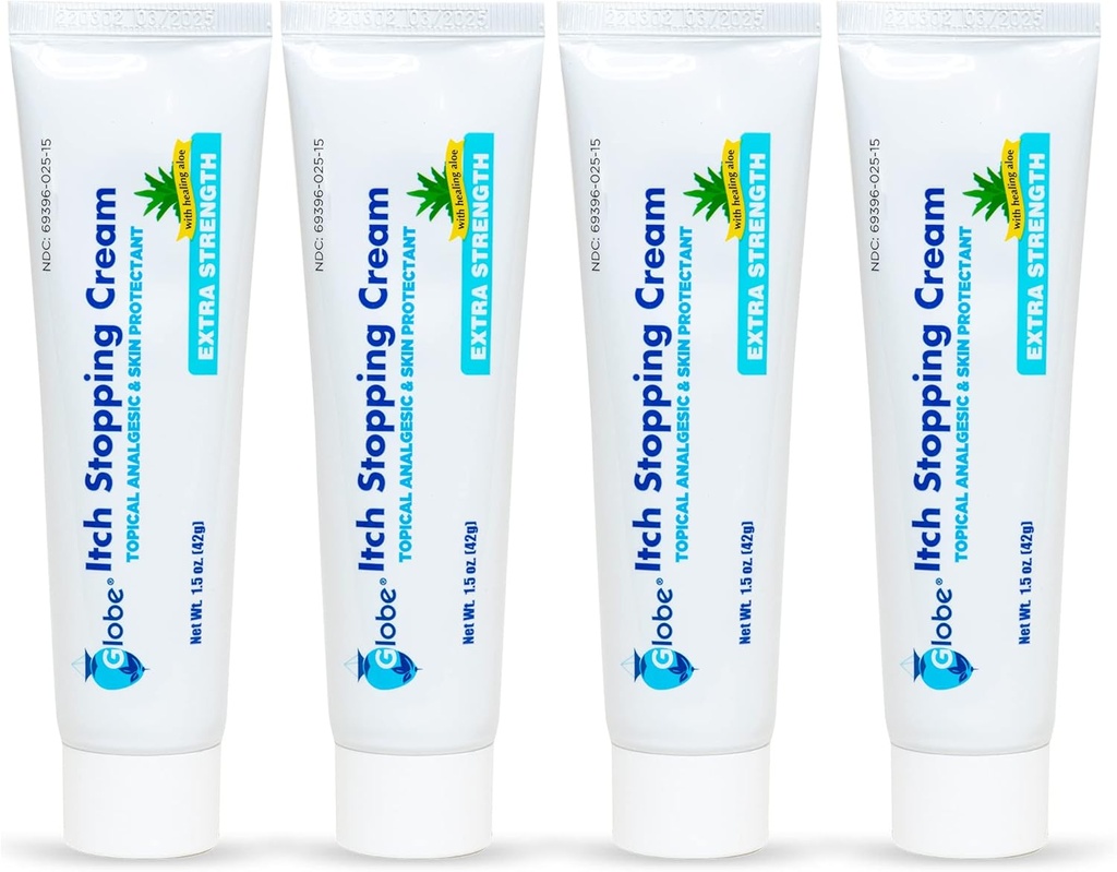 (4 Pack) Globe Extra Strength Itch Stopping Anti-Itch Cream 1,5 Oz Histamiini Blocker, Difenhüdramiin HCl Topical Analgesic & Tsink Acetate Nahakaitsevahend leevenduseks kõige välimine sügelus