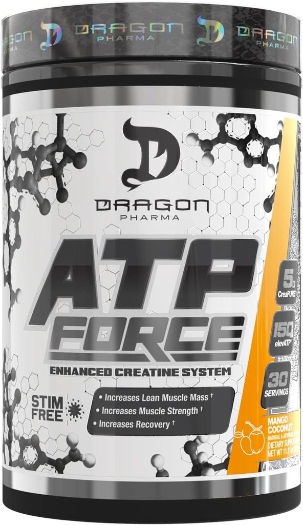 DRAGON PHARMA ATP Jõud tõhustatud kreatiinsüsteem, stim-free, suurendab Lean lihasmassi ja taastumist, 5 Grams CreaPure, parandab verevoolu (30 Servings, Mango Coconut)