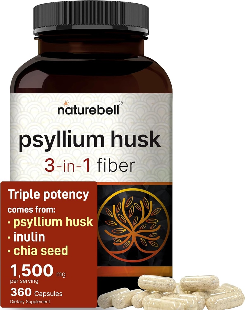 NatureBell Psyllium Husk Fiber Supplement, 1500mg Per Serving, 360 Kapslid | Inuliin & Chia Seed | Orgaaniline lahustuv kiud Seedetrakti Ja Soolestiku Tervis | Taimepõhine, Mitte-GMO, Gluteenivaba
