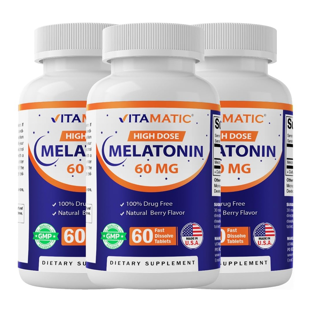 Vitamatic Melatonin 60 mg Fast Dissolve Tabletid - 60 Vegan Natural Berry Maitse tabletid - Mitte-Habit Forming - Mitte-GMO, Gluteenivaba (3 pudelit)
