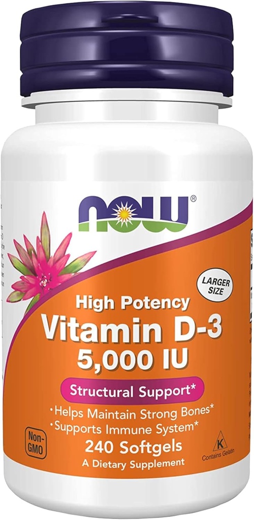 NOW toidulisandid, vitamiin D-3 5000 RÜ, kõrge potentsi, struktuuriline tugi *, 240 Softgels ülemaailmse toitumise võtmeahelaga