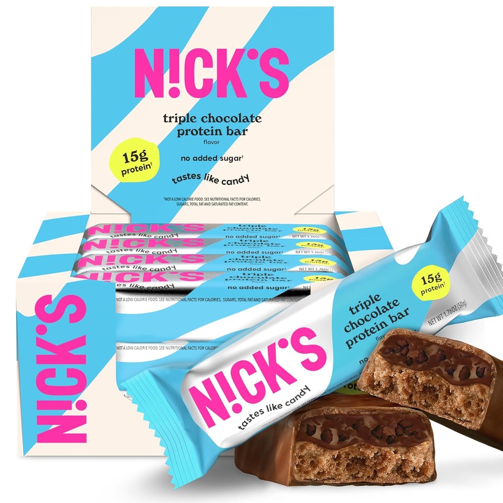 Nick's Triple Chocolate Protein Bars - 12-Count Box | Kõrge Valk, Madalad Kalorid, Madalad Süsivesikud, Keto Sõbralik, Ei Lisatud Suhkur